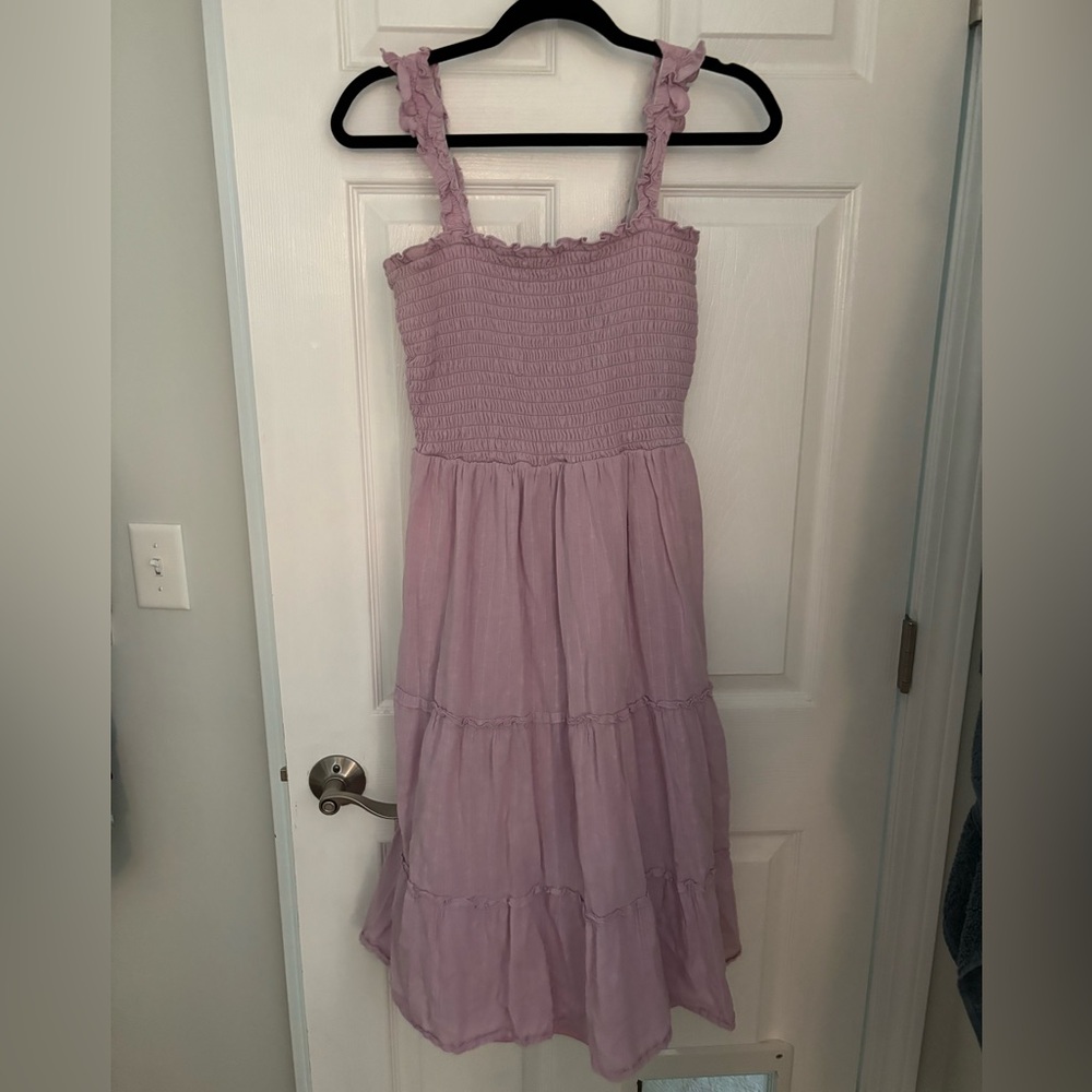 Casual Purple Smocked Square Neck Midi Dress